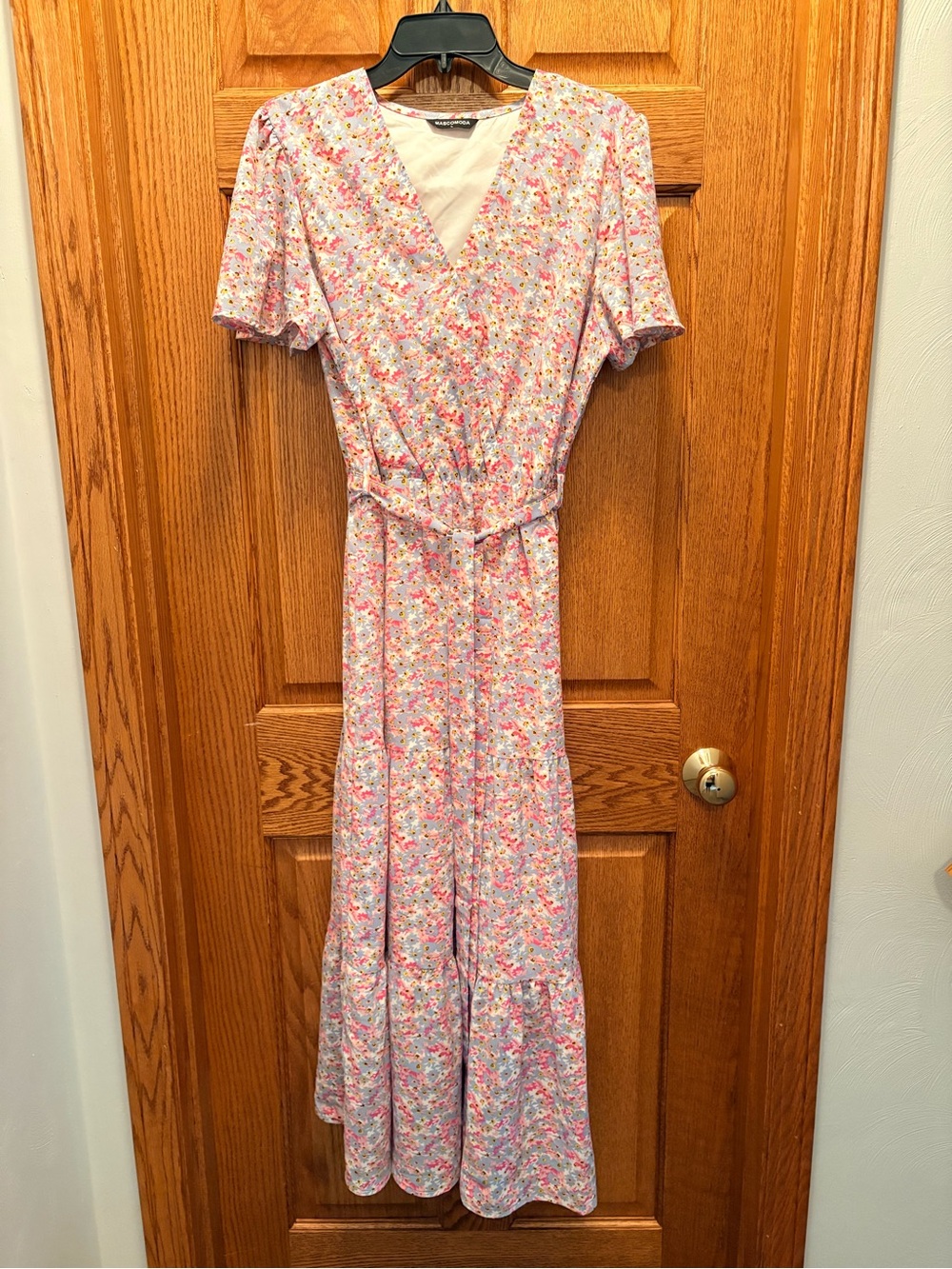 Mascomoda Floral V-Neck Maxi Dress - Light Pink and blue